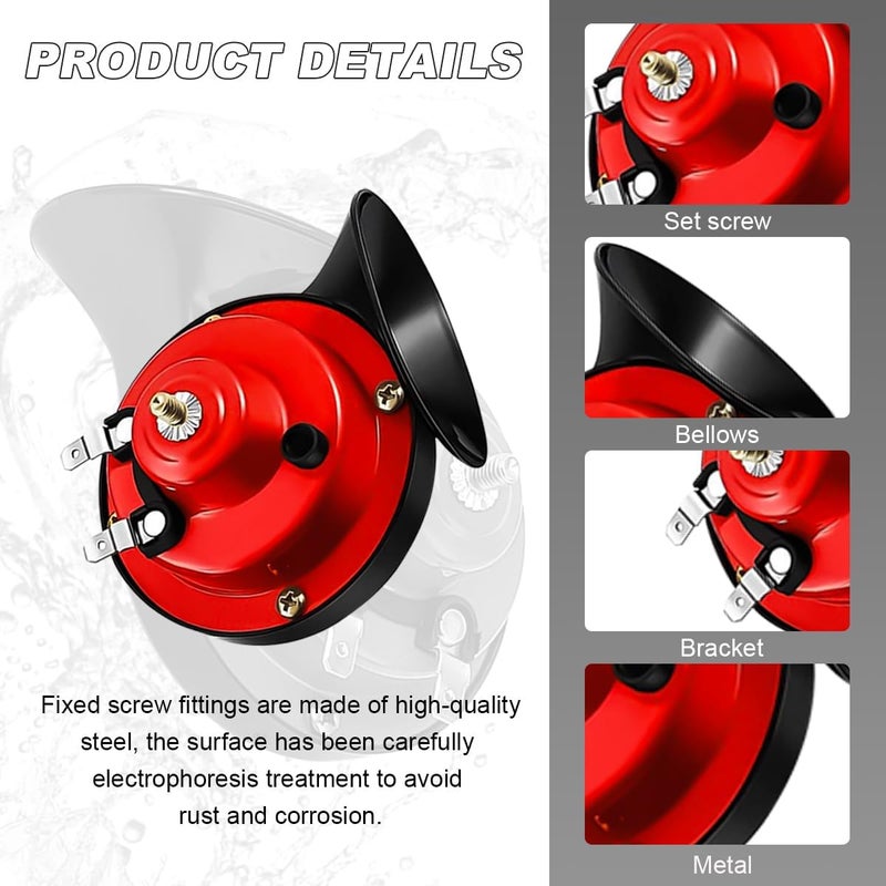 KVAEY Super Loud Car Snail Horns, 12V 300DB Durable Car Horn Kit, High Low Tone Universal Waterproof Car Air Electric Snail Horn, Vehicle Air Horn Replacement for Motorcycle Truck (Red, 1 PCS) - Image 4